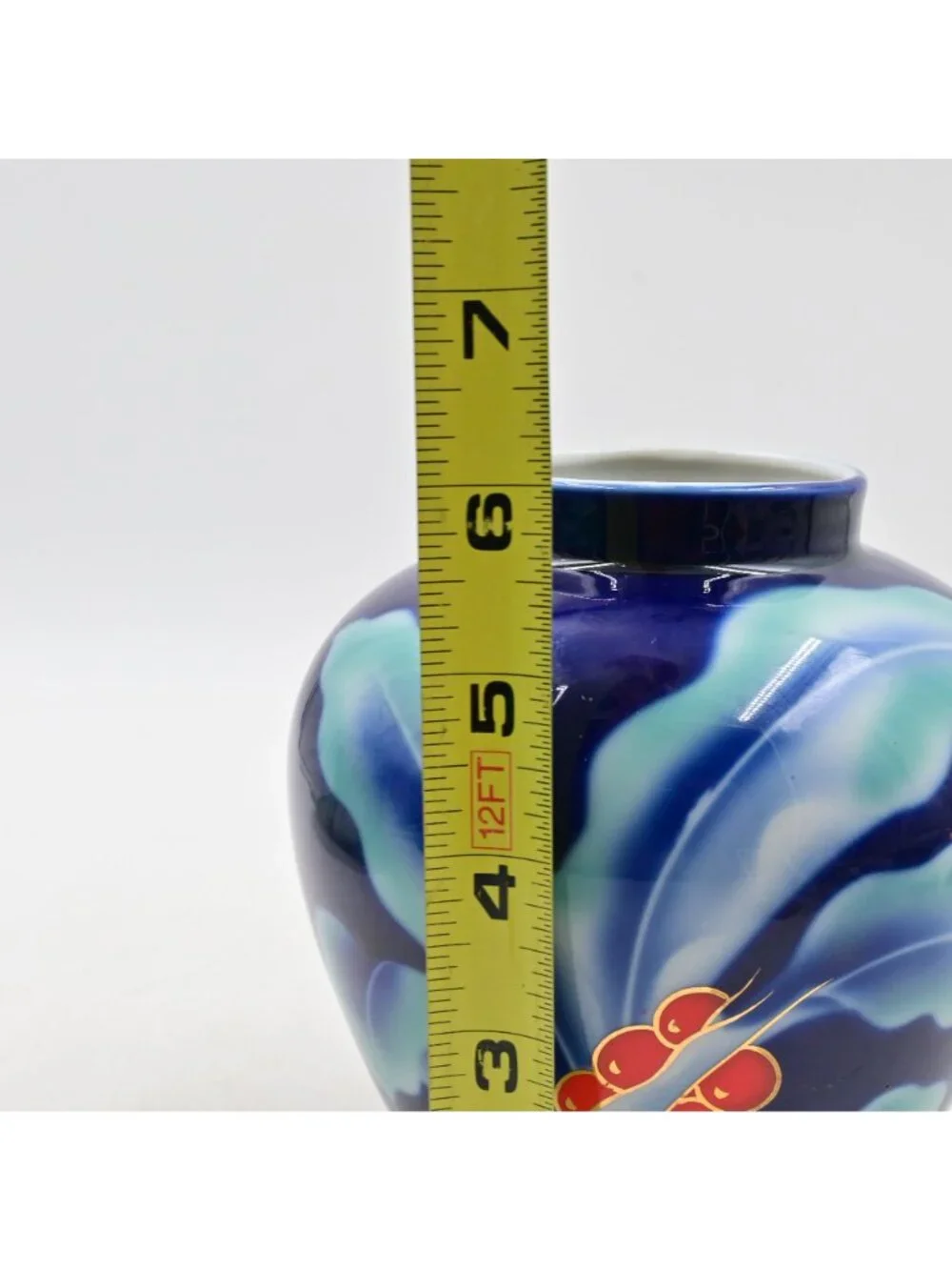 Vintage Japanese Pottery of Kyo Porcelain Vase Cobalt Blue Red Berries Leaf 6